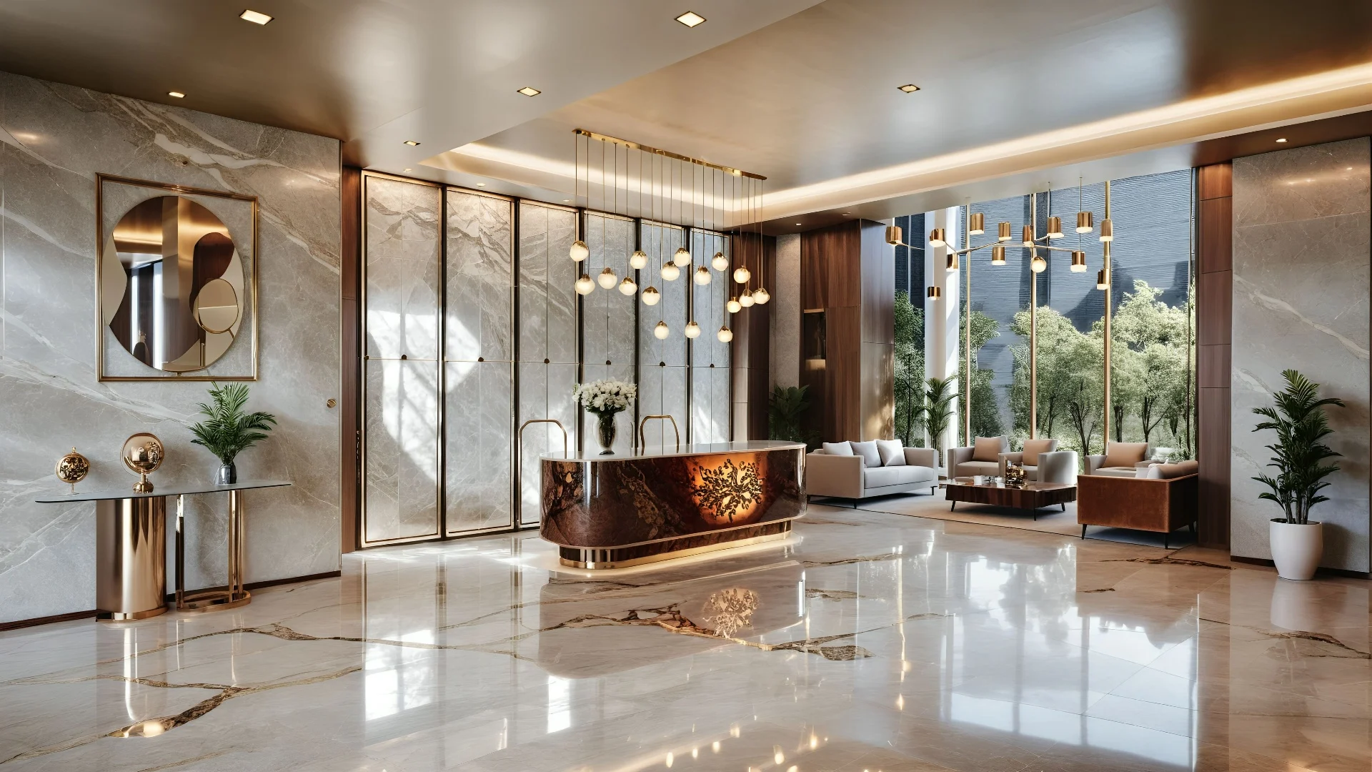 Marble reception lobby with gold accents
