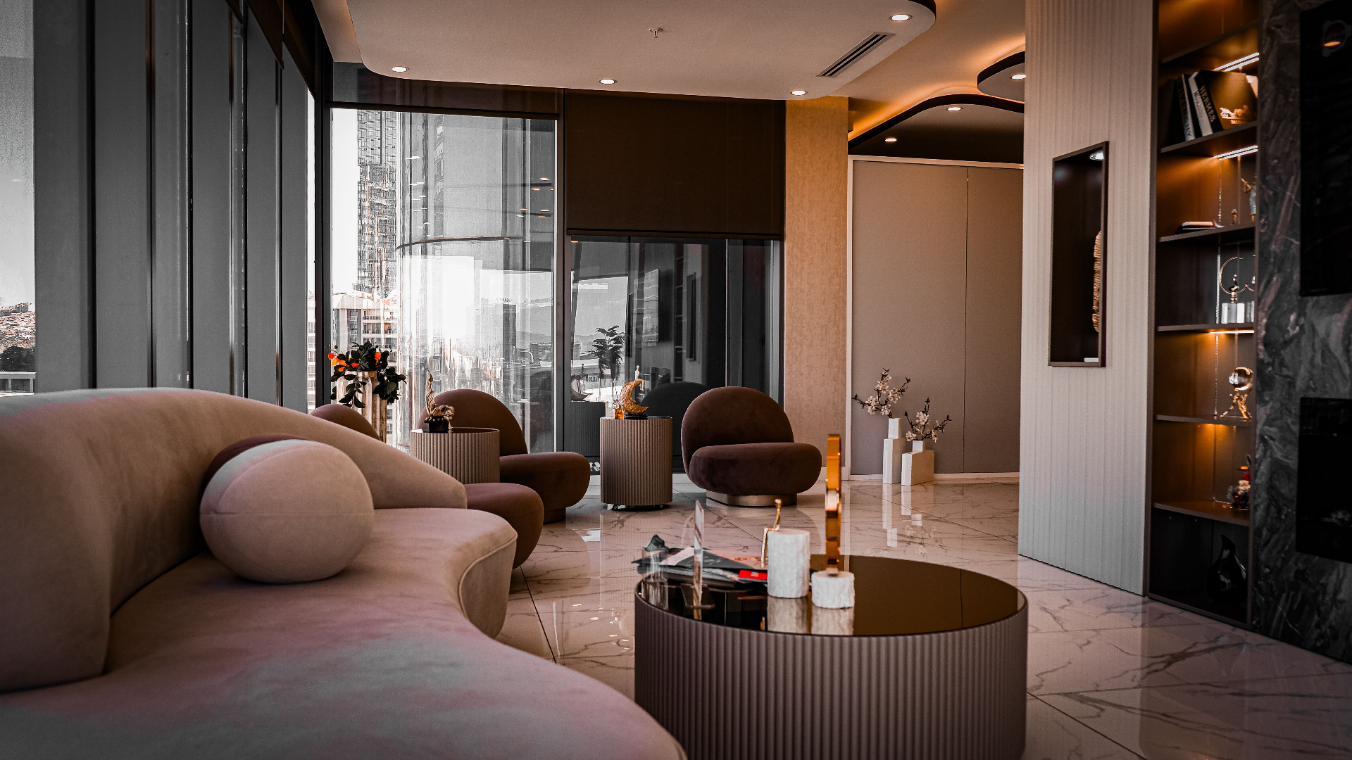 Penthouse lounge at dusk