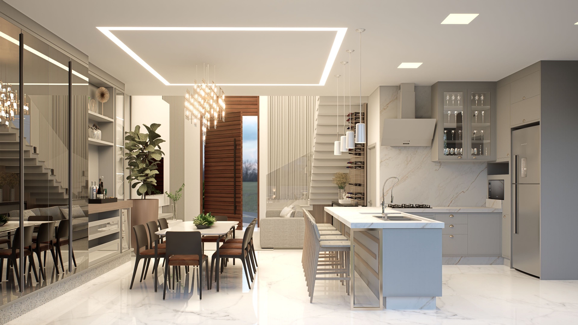 Open-plan kitchen with marble island